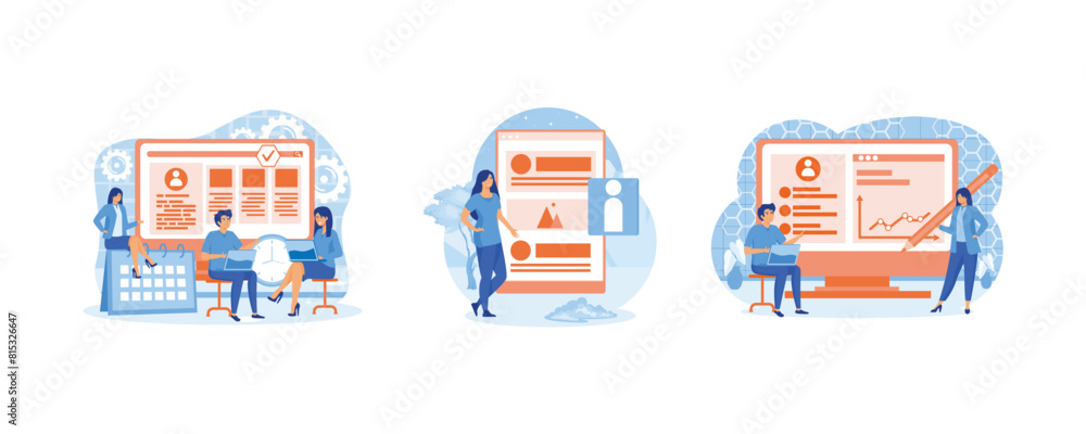 Project start online service or platform. Content filling online service or platform. Business incubator online service or platform. Set flat vector modern illustration Project start online service or platform. Content filling online service or platform. Business incubator online service or platform. Set flat vector modern illustration