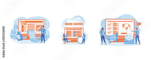 Cost optimization online service or platform. Trade union online service or platform. Positive public relations online service or platform. Set flat vector modern illustration