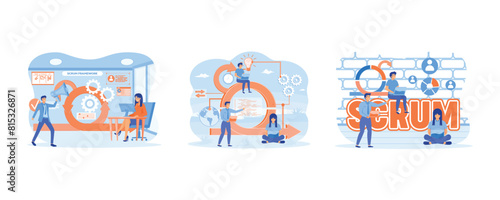 Software development methodology Process diagram. Team discussing tasks at Kanban board. Concept with keywords, letters and icons. Set flat vector modern illustration