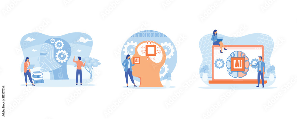 Business with Gears at Huge Cyborg Head. Artificial Intelligence concept. Digital brain with neural network on laptop screen. Set flat vector modern illustration