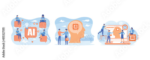 People chatting with AI chat bot and get smart solution. Business industry robot factory concept Robotic system control put AI. Brain with neural network on laptop and scientists. 
