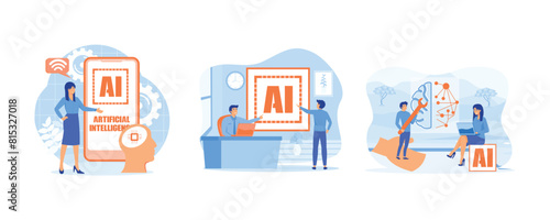 Artificial intelligence concept. Business team creating artificial intelligence. Generative AI or artificial intelligence data algorithm concept. Set flat vector modern illustration