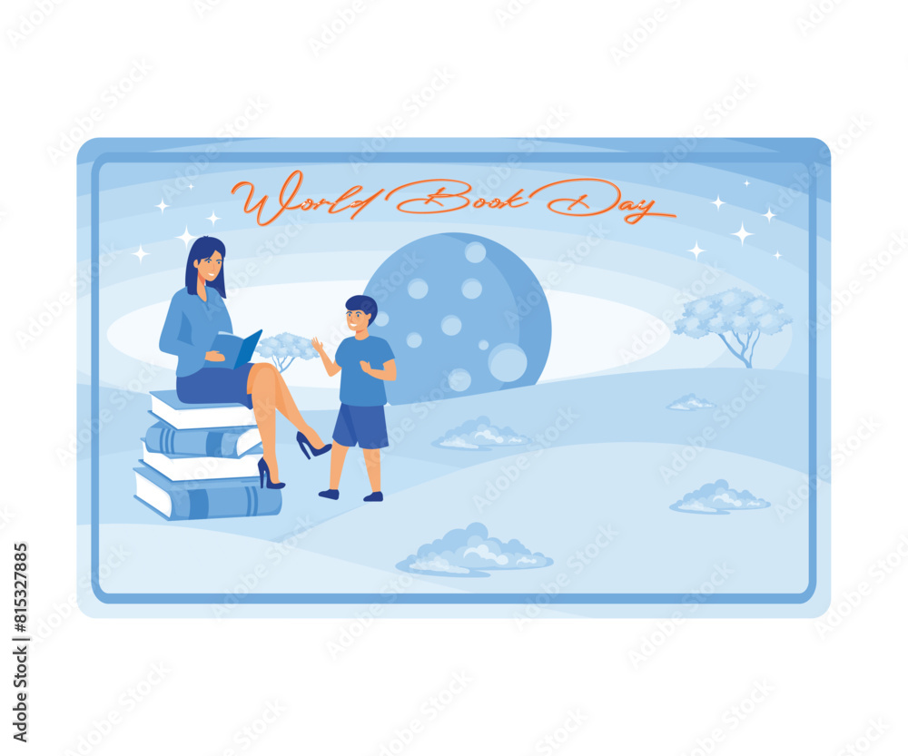 Serene World Book Day poster with mom and son reading books on beautiful full moon outdoor. flat vector modern illustration Serene World Book Day poster with mom and son reading books on beautiful full moon outdoor. flat vector modern illustration