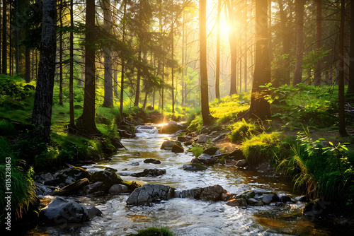 A serene forest creek basks in warm sunlight  perfect for nature and landscape imagery.