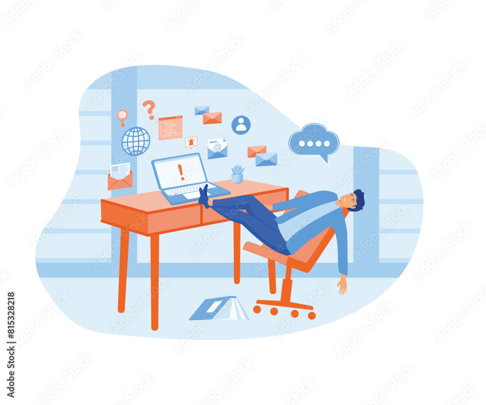 Fototapeta premium Input overloading. Information overload concept. Young manfalls from a chair under the pressure of information from a laptop. flat vector modern illustration