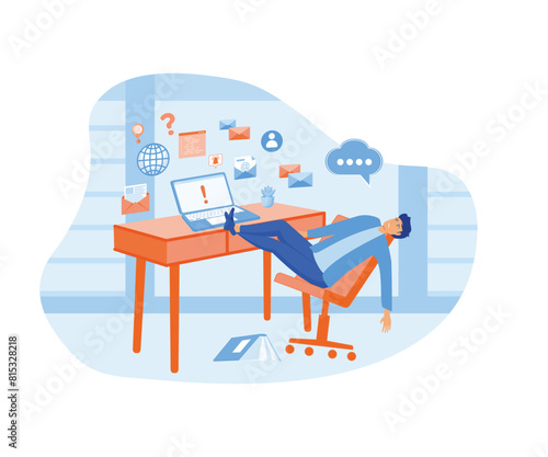 Input overloading. Information overload concept. Young manfalls from a chair under the pressure of information from a laptop. flat vector modern illustration