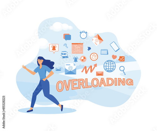 Information overload concept. Young woman running away from information stream. Concept of person overwhelmed by information. flat vector modern illustration