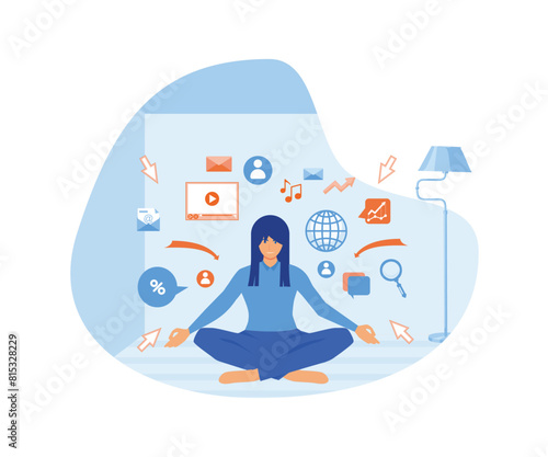 Information overload concept. Dome filter protects the girl from unnecessary information emails, calls, communication, filters and processes it. flat vector modern illustration