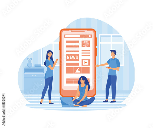 Online reading news. Young men and women are standing near big smartphone and using their own smart phones for reading news. flat vector modern illustration