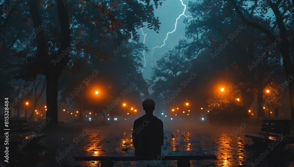 person at park at night with lightning rain person at park at night with lightning rain