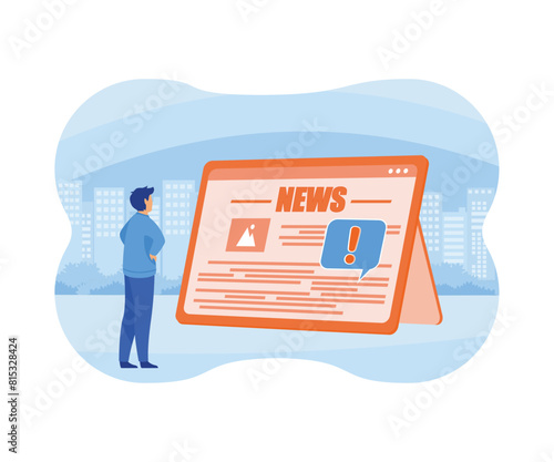 Fake news online or important breaking news concept on daily digital tablet computer reading person man, electronic internet fraud newspaper. flat vector modern illustration