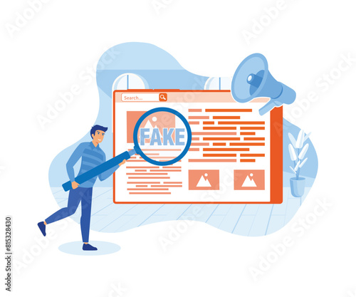 Fake news or false information spreading on website and social media, screening or verify truth before sharing or believe concept. flat vector modern illustration