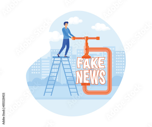 Stop fake news and misinformation spreading on internet and media concept, businessman leader squeezing and destroy the word fake news. flat vector modern illustration