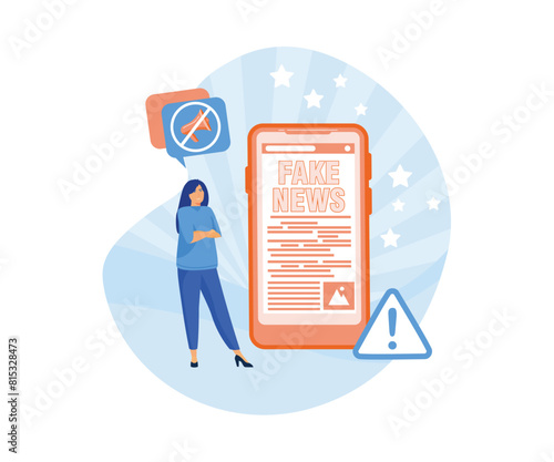 Fake news metaphors. Tiny girl read news with mobile app. Mass media, hot online information, propaganda newscast. flat vector modern illustration