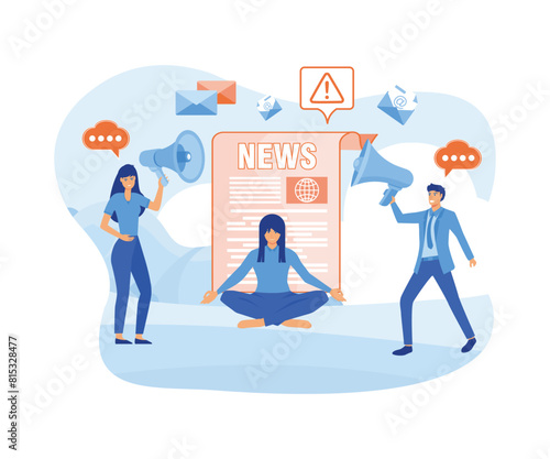 Stop spreading hoax and fake news. Young woman meditate under glass dome trying to stop false news from television, internet. flat vector modern illustration