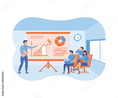 Business Online Training, Seminar or Courses. Mentor Doing Presentation About Marketing, Sales, Report, E-commerce. flat vector modern illustration