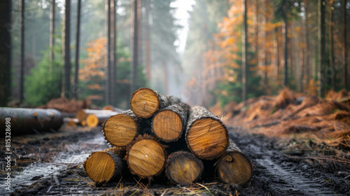 A pile of freshly cut wooden logs in a misty forest  depicting forestry and wood industry activities.