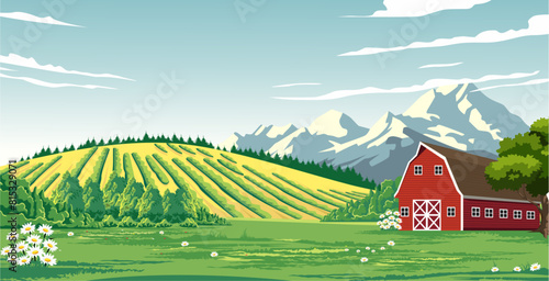 illustration of a view of an agricultural field with a beautiful farmhouse and mountains