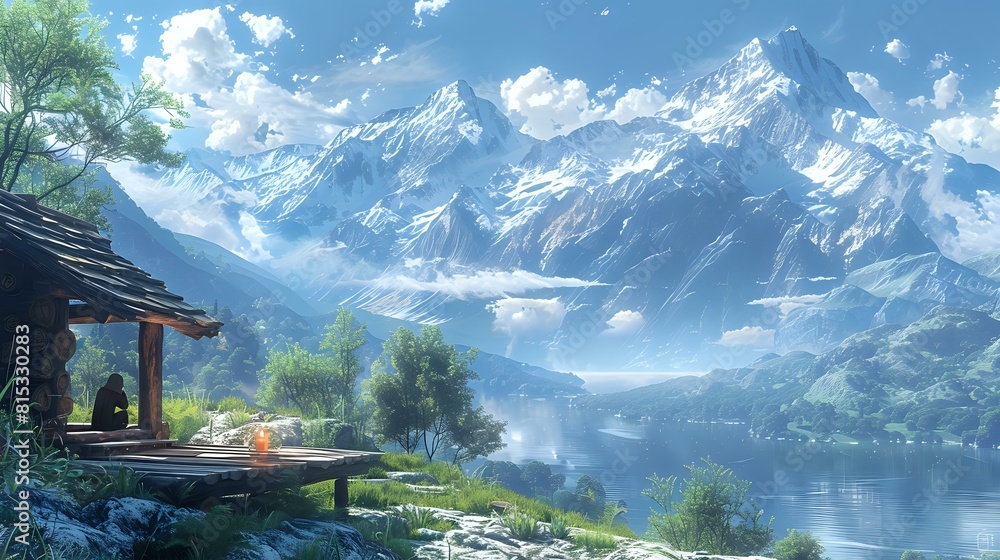 Fototapeta premium Tranquil Alpine Cabin Retreat with Scenic Mountain View