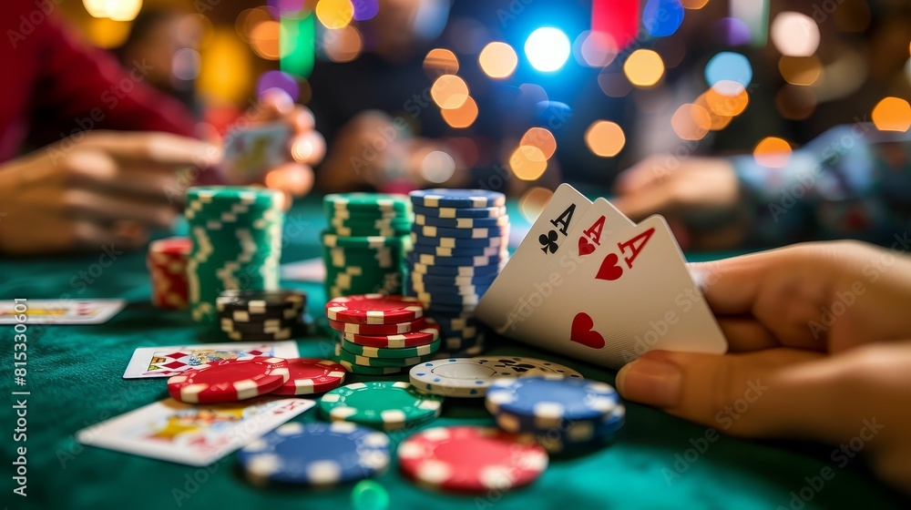 Fototapeta premium Friends playing poker, gambling and fun