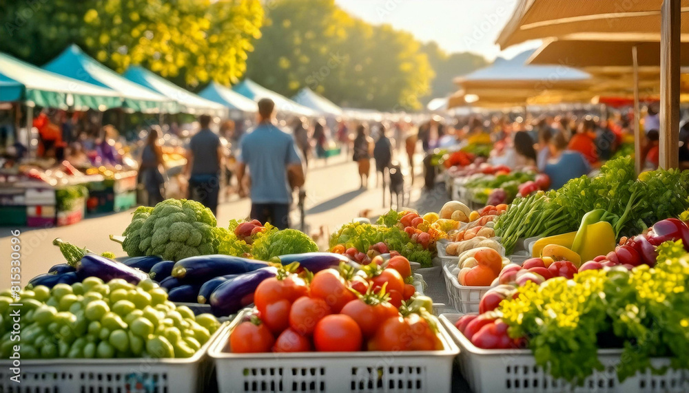 An early morning farmers market scene, bustling with vendors and customers.