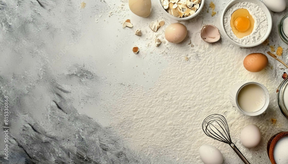 Easter bakery theme with a selection of baking essentials like sugar, butter, yogurt and eggs. Easter bakery theme with a selection of baking essentials like sugar, butter, yogurt and eggs.