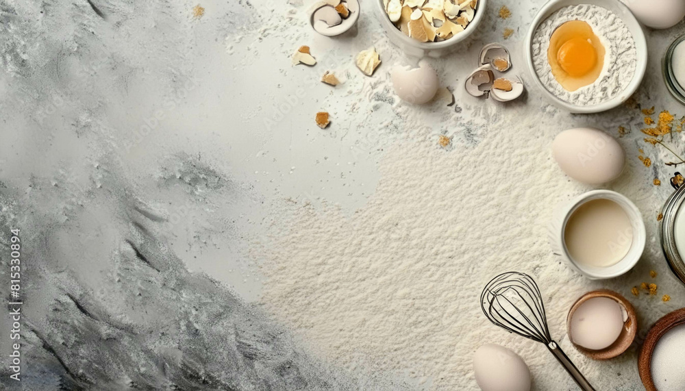 Easter bakery theme with a selection of baking essentials like sugar, butter, yogurt and eggs. Easter bakery theme with a selection of baking essentials like sugar, butter, yogurt and eggs.