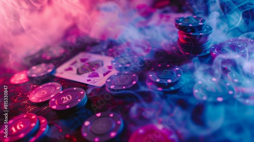 Purple and blue smoke surrounds a pile of casino chips and a pair of jacks. photo