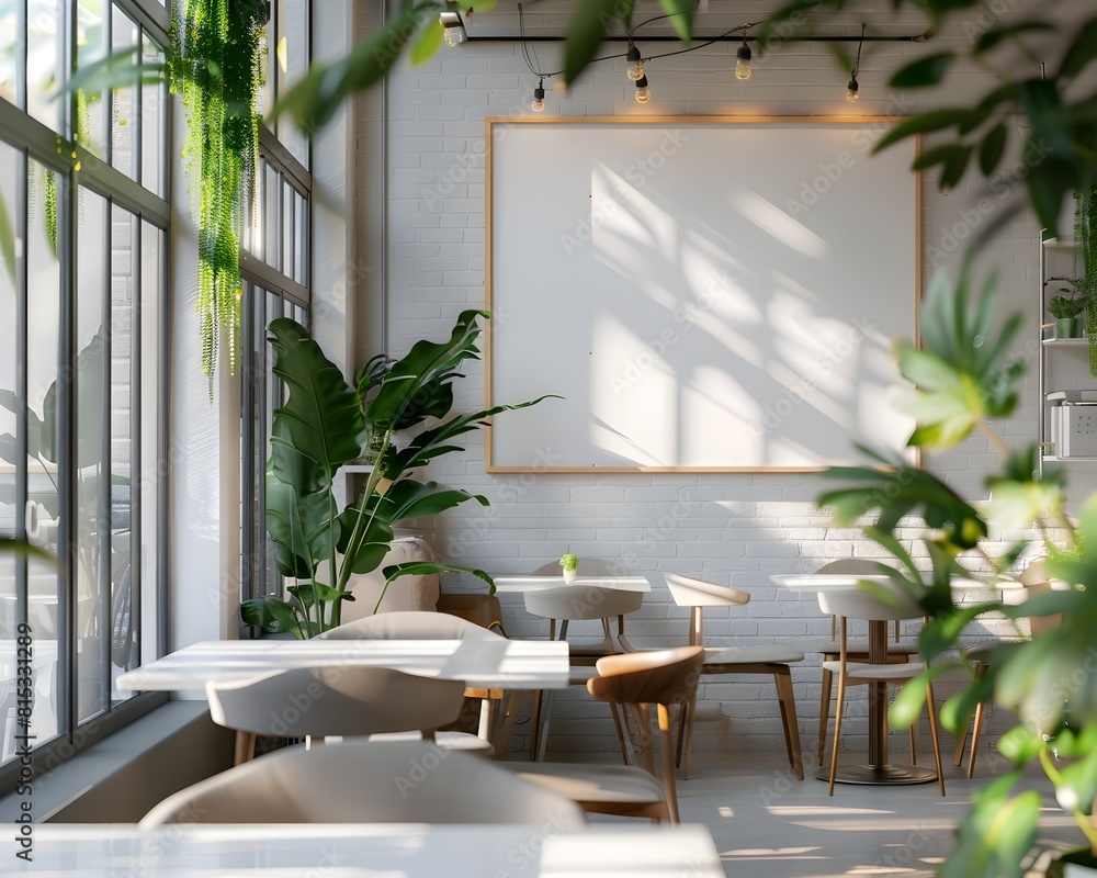 Fototapeta premium Crisp Minimalist Cafe Space with Bright Coastal Ambience and Natural Greenery for Product Presentation