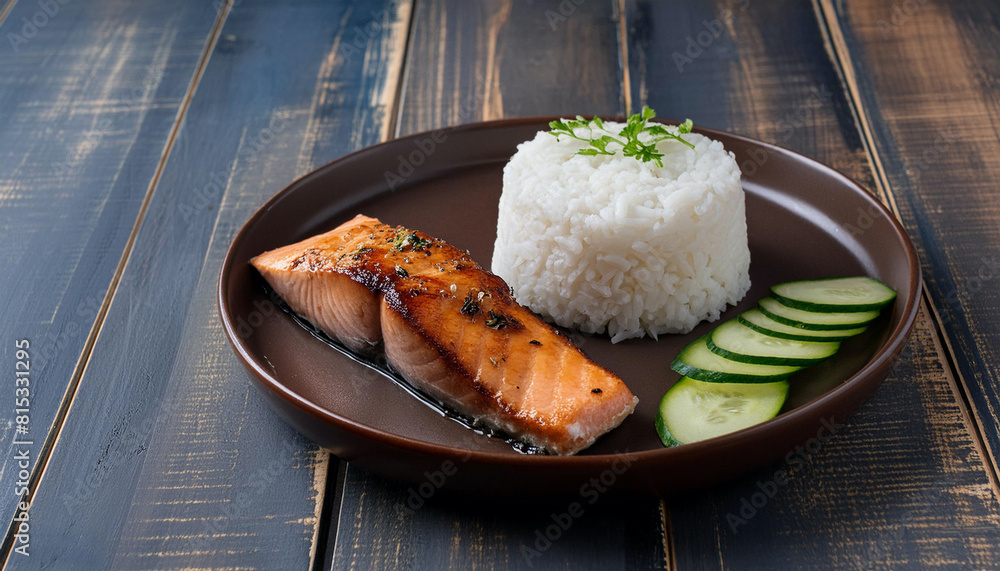 Grilled salmon fillet served with steamed white rice and fresh cucumber slices on a wooden. Grilled salmon fillet served with steamed white rice and fresh cucumber slices on a wooden.