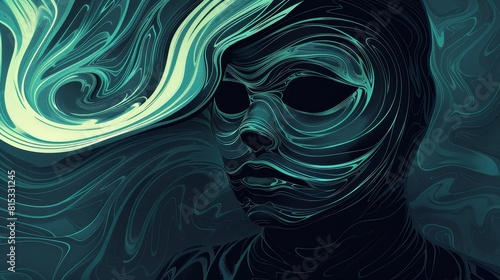 The image is a dark, abstract painting of a skull