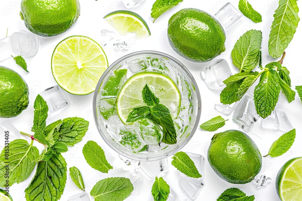 Cocktail or soda drink with lime and mint isolated on white background. From top view Cocktail or soda drink with lime and mint isolated on white background. From top view