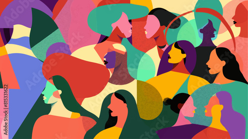 A vibrant and colorful illustration of women from various backgrounds coming together in unity, symbolizing the strength found through diversity. The focus is on the faces. 