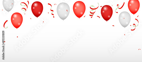 Birthday and celebration banner with colorful balloon, confetti, ribbon. Celebration party banner with red color balloons background