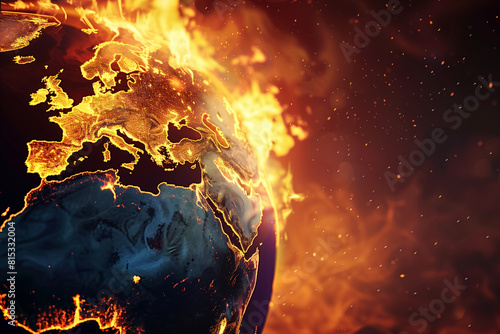 Planet earth on fire isolated dark background, high temperatures, conceptual illustration of global warming, rising temperature and climate change europe