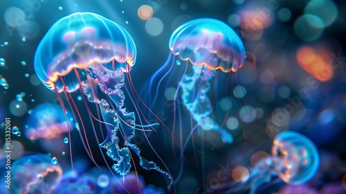 Radiant jellyfish and bubbles illuminate the ocean.