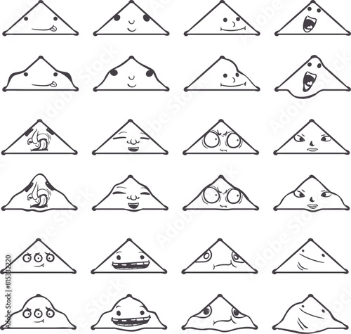 A set of pyramidal icons  where some of them are simple  while others are distorted to enhance the cartoon effect.