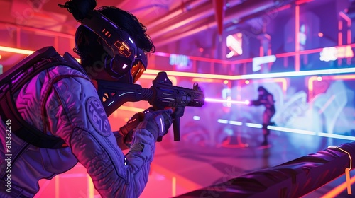 The image shows a soldier holding a gun in a dark room. The soldier is wearing a helmet and a mask. The room is lit by red and blue lights.