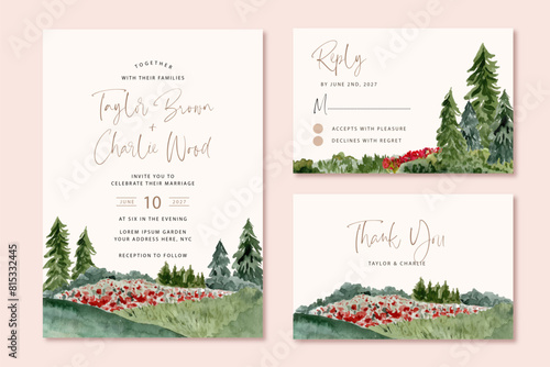 wedding invitation set with beautiful flower field watercolor landscape