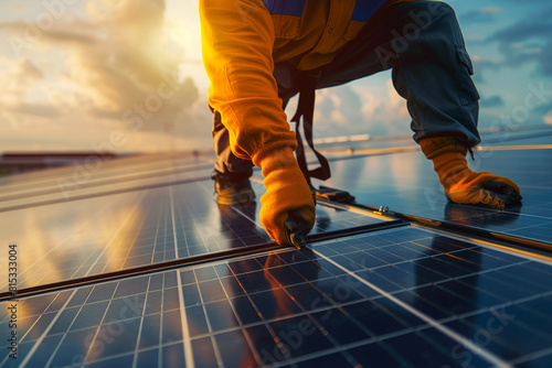 Industrial Green Energy Setup Engineer installing solar panels on a factorys rooftop.