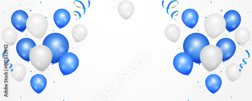 Celebrate with blue and white balloons with confetti for festive decorations vector illustration. Grand Opening Card luxury greeting rich. Sale Vector illustration
