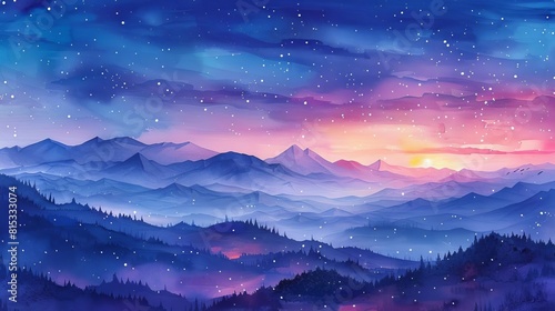 Watercolor art of a distant  dreamy world  where sparkling stars light up the twilight sky
