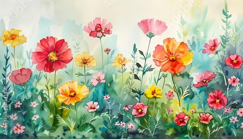 Vibrant watercolor scene of a blooming garden  showcasing a variety of summer flowers and plants in full glory