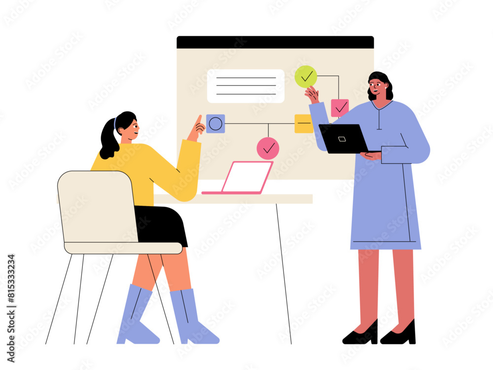Woman presentation in meeting room. Meeting and presentation vector illustration Woman presentation in meeting room. Meeting and presentation vector illustration