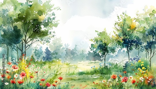Artistic watercolor scene capturing the essence of spring in a garden full of blooming flowers and leafy trees photo