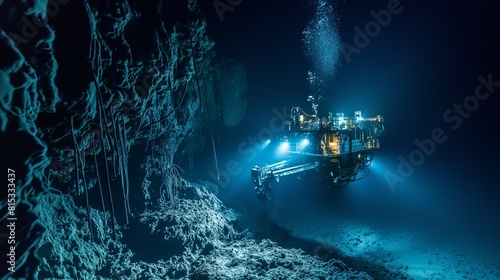 This detailed underwater image illustrates the innovative technology of deep sea mining, featuring a remotely operated vehicle (ROV) extracting minerals from the ocean floor. Experience the sophistica photo