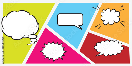 Abstract creative concept vector comic pop art style blank, layout template with clouds beams and isolated dots background. For sale banner, empty speech bubble set, illustration halftone book design