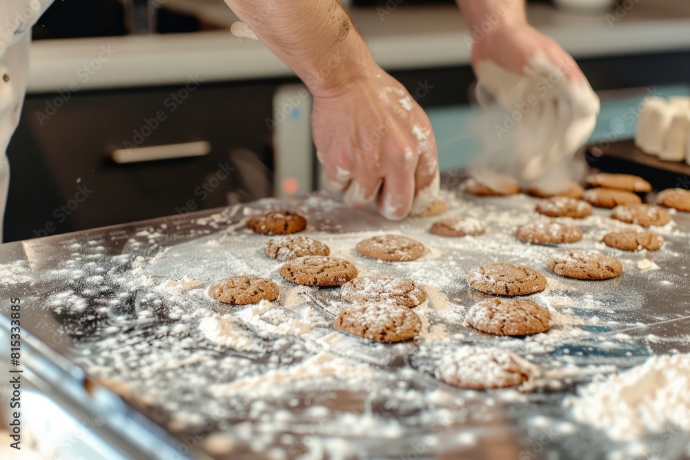 Baking cookies together in the kitchen, with flour-covered countertops and the sweet aroma of freshly baked treats filling the air, Generative AI Baking cookies together in the kitchen, with flour-covered countertops and the sweet aroma of freshly baked treats filling the air, Generative AI