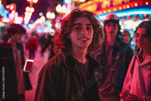 Portrait of a young man at the amusement park. Blurred background.