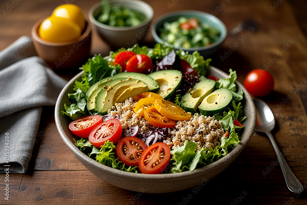 Salad bowl filled with fresh ingredients such as mixed greens, cherry tomatoes, cucumbers, avocado slices, bell peppers, and quinoa, topped with a light vinaigrette dressing Salad bowl filled with fresh ingredients such as mixed greens, cherry tomatoes, cucumbers, avocado slices, bell peppers, and quinoa, topped with a light vinaigrette dressing